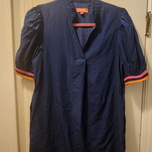 THML Navy Shift Dress with Puff Sleeves And Pink & Orange Trim